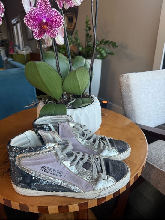 Golden Goose Shoes - Golden Goose Silver, Black & Lilac High-Top Sneakers